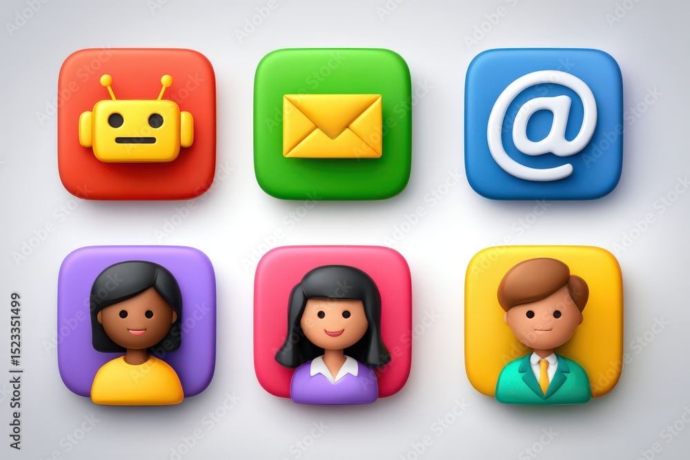 Poster colorful digital communication icons featuring robot face, email envelope, and user avatars represen
