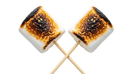 Two Roasted Marshmallows on Wooden Sticks Crossed on a Black Background for Campfire Treats