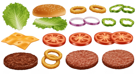 Isolated Burger Ingredients Illustration with Sesame Bun Lettuce and Tomato
