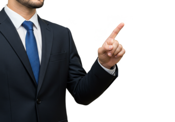 Isolated Businessman in Suit Pointing Finger Touching Virtual Interface