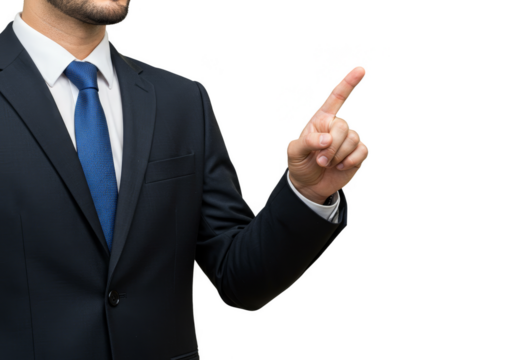 Isolated Businessman in Suit Pointing Finger Touching Virtual Interface