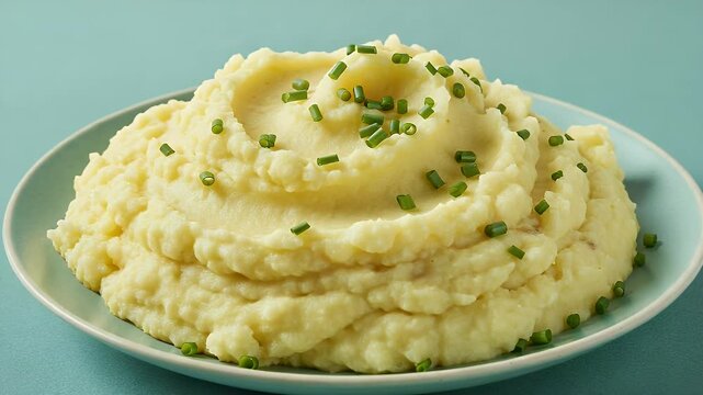 Creamy mashed potatoes served on plate with chives