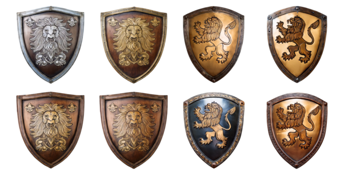 Eight Distinct Lion Shields with Intricate Designs and Textures, Isolated on Transparent, white background