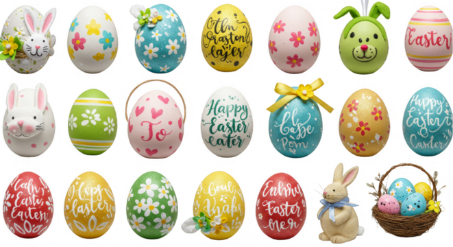 Illustration Easter Eggs And Bunny Festive Decorations Isolated Background - Powered by Adobe