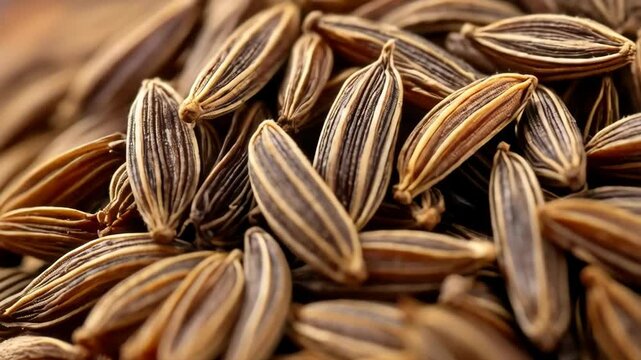 Close up of many dried seed grains with light and dark brown and black stripes piled together in a heap.