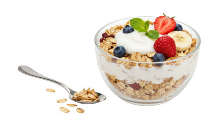 Isolated Close Up Muesli Granola Breakfast Bowl with Yogurt and Fruits