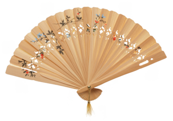 Illustration Golden Japanese Folding Fan with Floral Design on Transparent