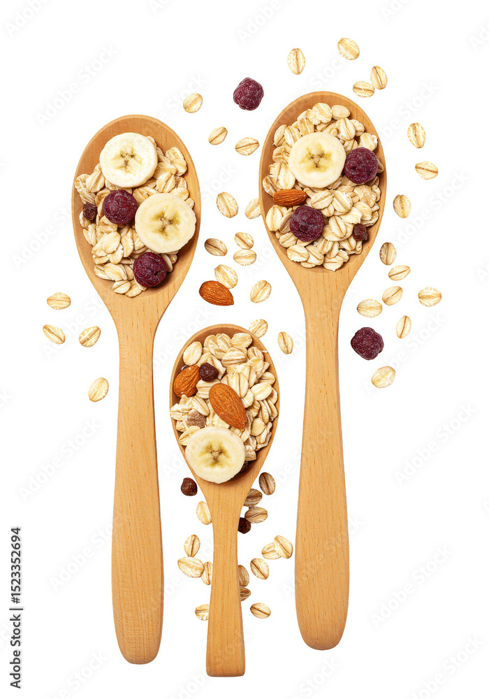 Poster isolated close up of breakfast cereal with banana slices on spoons