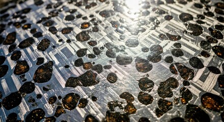 An artistic interpretation of the Campo del Cielo meteorite surface, highlighting its textured metallic features and cosmic origin.