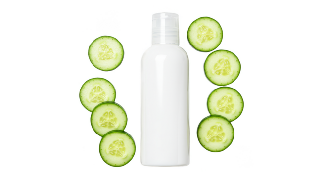 Isolated Cosmetic Lotion Surrounded by Fresh Cucumber Slices on Transparent