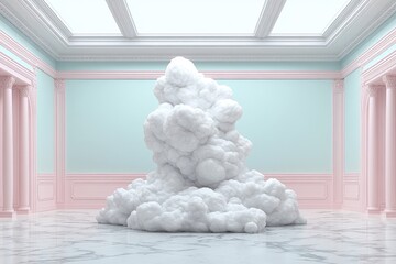 A large cloud-like formation sits in a pastel, classical room with marble floors and pillared walls