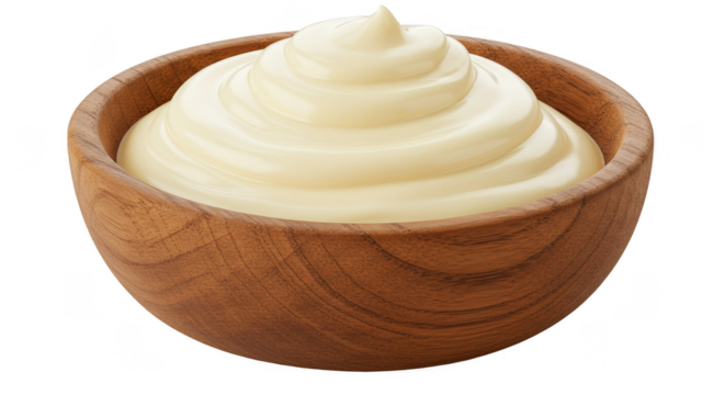 Isolated Creamy White Sauce in Wooden Bowl a PNG Image with Delicious Food