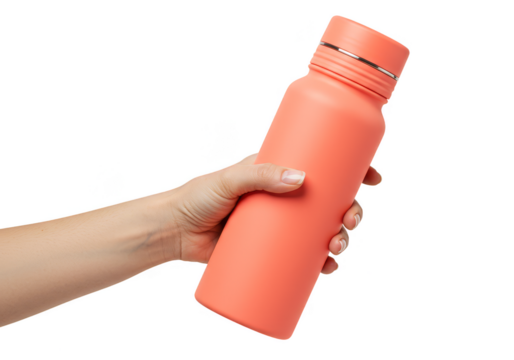 Coral Water Bottle Held By Woman's Hand Isolated On Transparent Background - Powered by Adobe