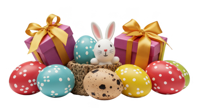 Isolated Easter Bunny Decoration with Colorful Eggs Gifts on Transparent