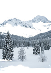 Obraz premium Isolated Background Snowy Mountain and Pine Trees Covered in Deep Winter