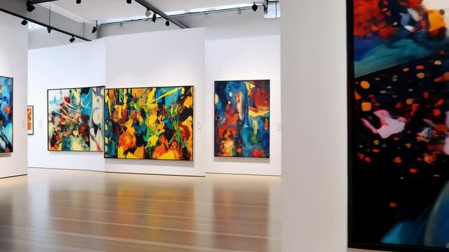 Gallery display of colorful abstract expressionist paintings on white walls with track lighting on a shiny floor.