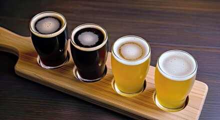 A classic beer flight showcasing a selection of dark and light ales, neatly arranged on a rustic wooden tasting board.