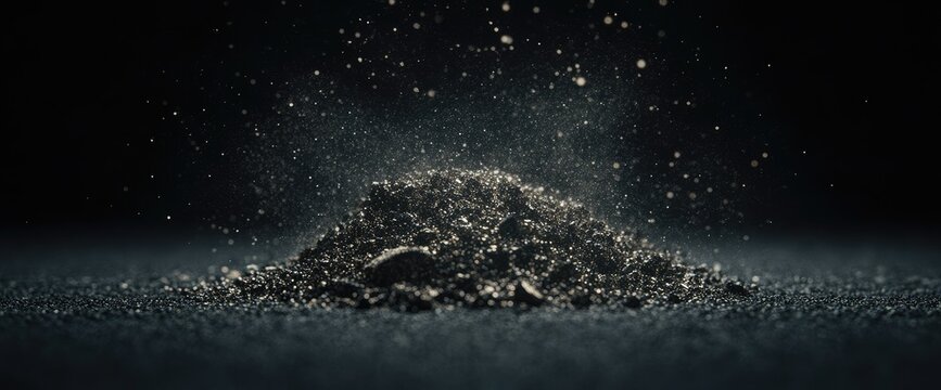 Dark gritty pile with particles suspended against a black backdrop, subtle gradients of light
