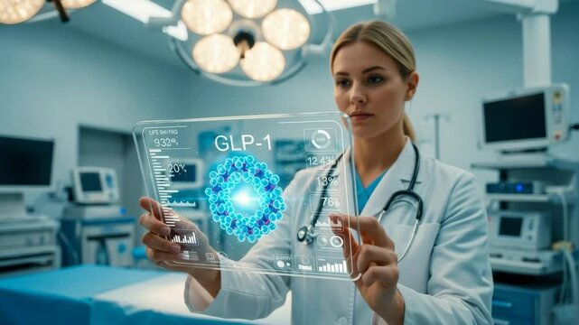 Blonde healthcare professional in lab coat interacts with holographic interface showing blue molecular structure and hormone data