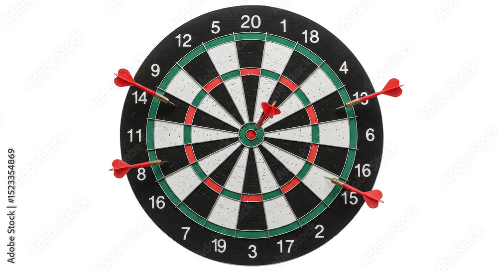 Poster illustration of dartboard game with red darts hitting target on transparent background