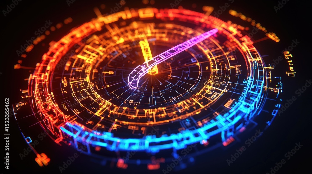 Poster glowing circular abstract tech display with clock hands on a dark background, with orange and blue c