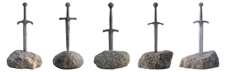 Four Swords Embedded in Stones Symbolizing Strength and Adventure, Isolated on Transparent, white background