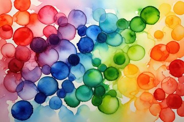 Abstract watercolor painting with overlapping colorful circles blending in rainbow hues from red to violet creating a vibrant and fluid pattern