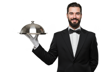 Elegant Transparent Background of a Man Serving Dish in Tuxedo