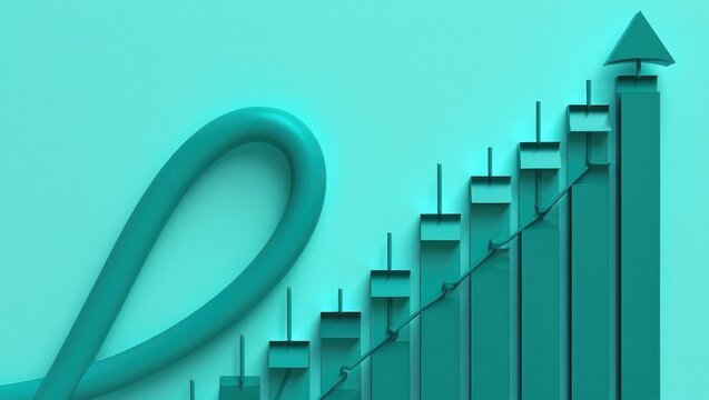 3d illustration of an ascending candlestick chart with an arrow pointing upward against a teal background symbolizing financial growth and progress