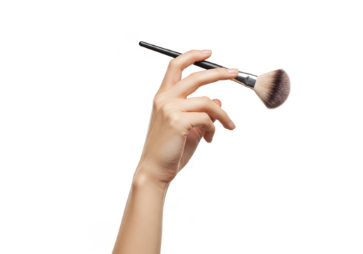 Isolated Hand Holding Makeup Brush for Powder on Transparent Background