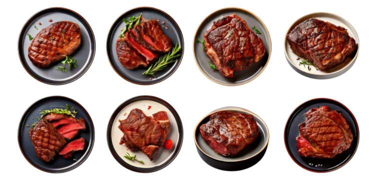 Variety of Grilled Steaks on Plates with Fresh Herbs and Presentation, Isolated on Transparent, white background