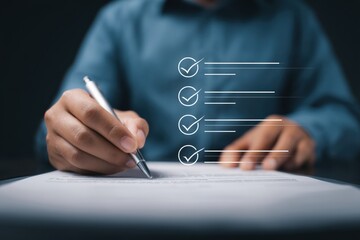 Businessman completing online survey form, ticking checkboxes on virtual screen, ensuring comprehensive evaluation and compliance