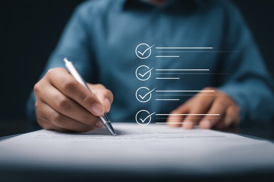 Businessman completing online survey form, ticking checkboxes on virtual screen, ensuring comprehensive evaluation and compliance