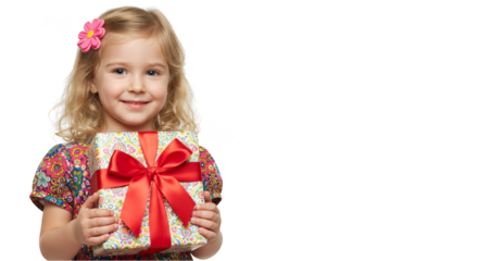 Isolated Cute Little Girl Holding a Wrapped Gift with Red Ribbon Bow