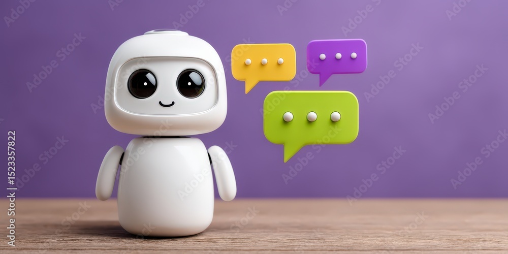 Poster cute friendly robot character offering digital communication with colorful chat bubbles expressing i