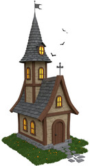 Illustration of Medieval Stone Church Architecture with Gothic Tower