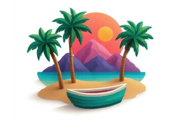 Obraz premium Vibrant tropical island scene with palm trees, serene turquoise waters, and a quaint boat nestled on sandy beach against a backdrop of majestic purple mountains and a glowing sunset
