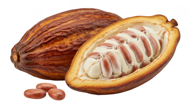 Isolated Image of Cocoa Bean Cut in Half Displaying White Seeds