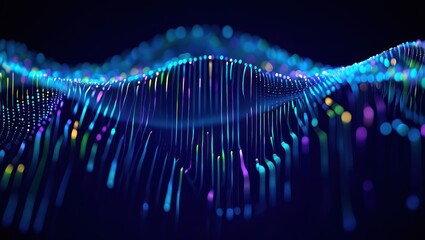 Abstract visualization of flowing neon light waves forming a dynamic, colorful digital landscape with glowing dots and lines on a dark background