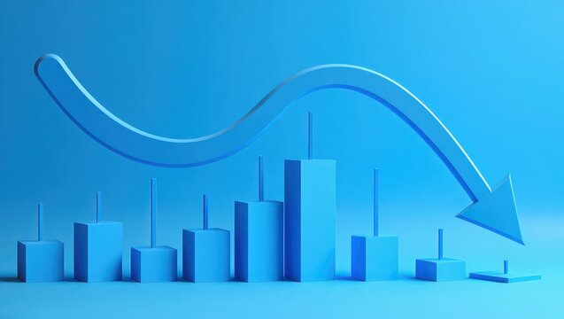blue 3d bar chart with downward trending curved arrow symbolizing decline or decrease