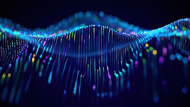 Abstract visualization of flowing neon light waves forming a dynamic, colorful digital landscape with glowing dots and lines on a dark background