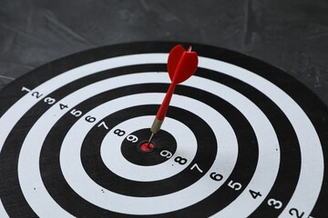 Targeting. Dart board with arrow on gray background, closeup