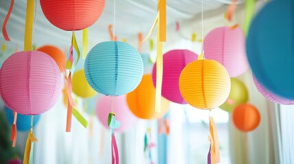 Colorful paper lanterns hanging from the ceiling as decorations for celebration