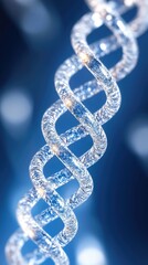 Helix structure glows against a blue background with soft, glowing orbs