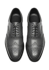 Isolated Pair of Shiny Black Oxford Leather Shoes on Transparent Background