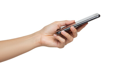 Fototapeta premium Hand Holding a Modern Mobile Phone Over Transparent Background PNG