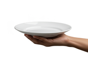 Hand Holding Empty White Plate Isolated Over Transparent Background