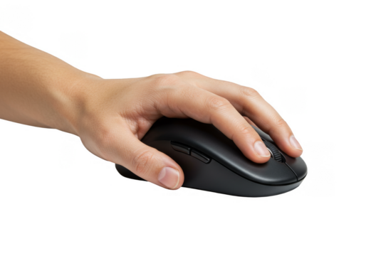 Hand Holding Black Wireless Mouse Computer Peripheral on Transparent Background