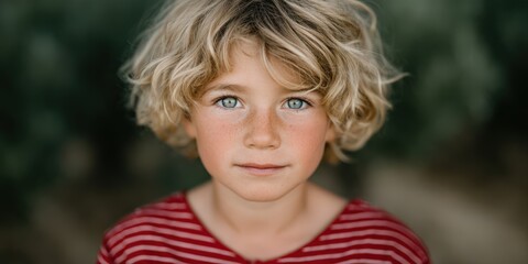 Fototapeta premium Young boy with curly hair displaying bright blue eyes wearing a casual striped shirt against a soft blurred background showcasing innocence and curiosity in a serene portrait