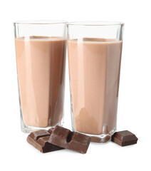 Tasty chocolate milk in glasses and ingredient isolated on white